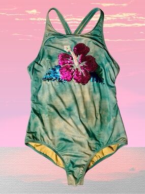 Girls Lands’ End 16 Sequined Hibiscus Flower One Piece Swimsuit